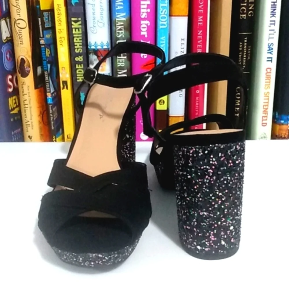 JELLYPOP BLACK STRAPPY PLATFORM GLITTER SPARKLE ANKLE STRAP HEELS SIZE 8.5 NWT